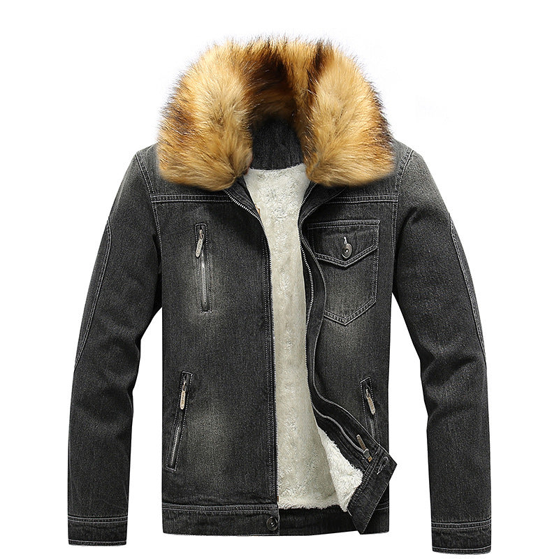 Herren Denim-Thermojacke mit Fleece-Innenfutter und abnehmbarem Kunstfellkragen – Denvaro