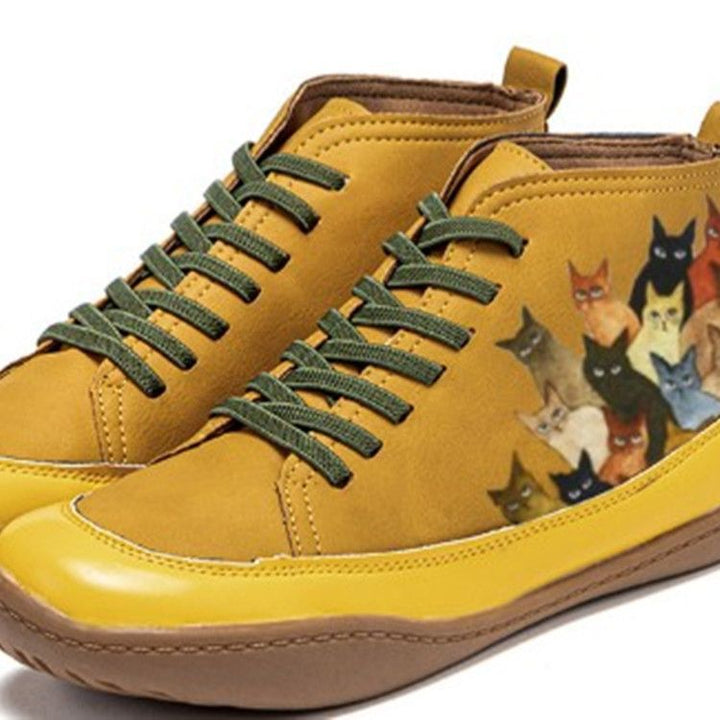 Damen Hochgeschnittene Leder-Sneaker mit handbemaltem Katzenmotiv und ergonomischer Laufsohle Echo Archiv