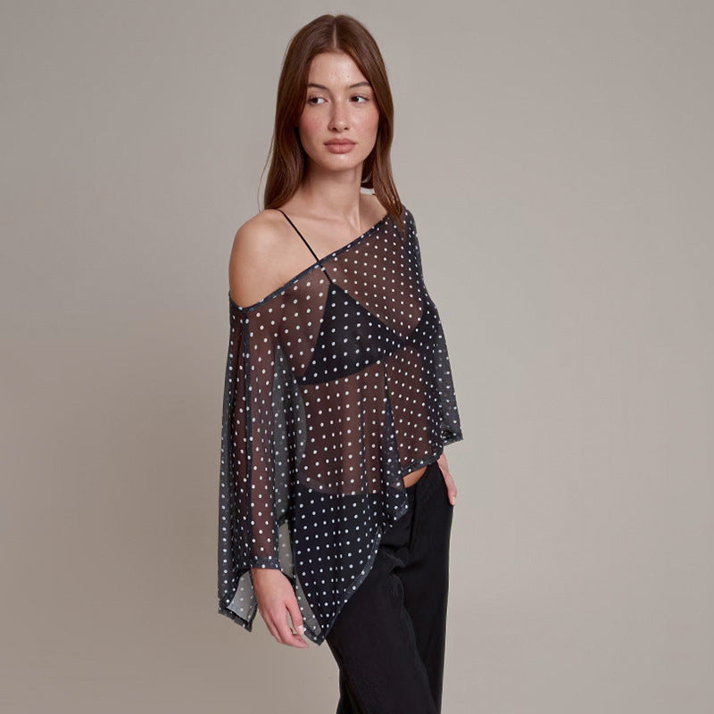 Damen transparentes Oberteil mit asymmetrischem Schnitt und Polka-Dots Echo Archiv