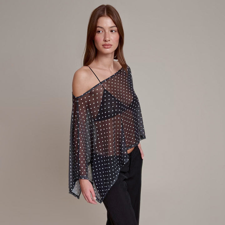 Damen transparentes Oberteil mit asymmetrischem Schnitt und Polka-Dots Echo Archiv