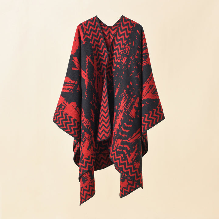 Damen Strick‑Ruana mit abstraktem Jacquard und Kettelsaum Echo Archiv