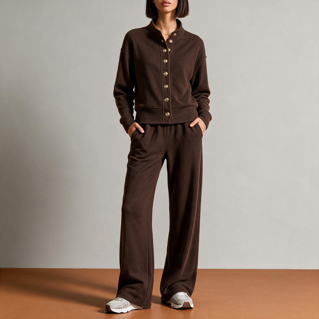 Damen Sweatjacke mit Druckknopfleiste, Stehkragen und weichem Lounge-Schnitt Echoarchiv