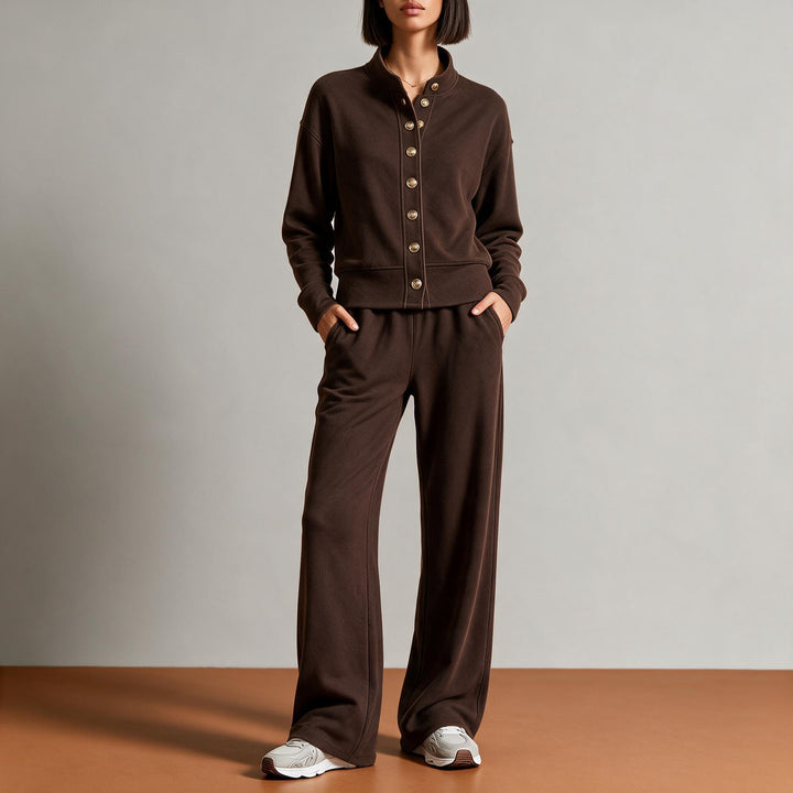 Damen Sweatjacke mit Druckknopfleiste, Stehkragen und weichem Lounge-Schnitt Echoarchiv