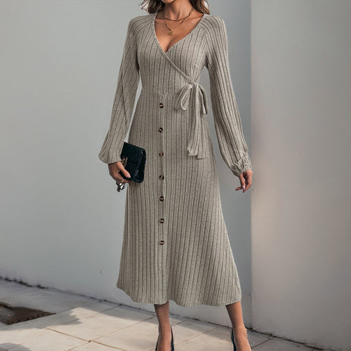 Damen Geripptes Wickel-Midikleid mit V-Ausschnitt, Ballonärmeln & Knopfleiste Echoarchiv