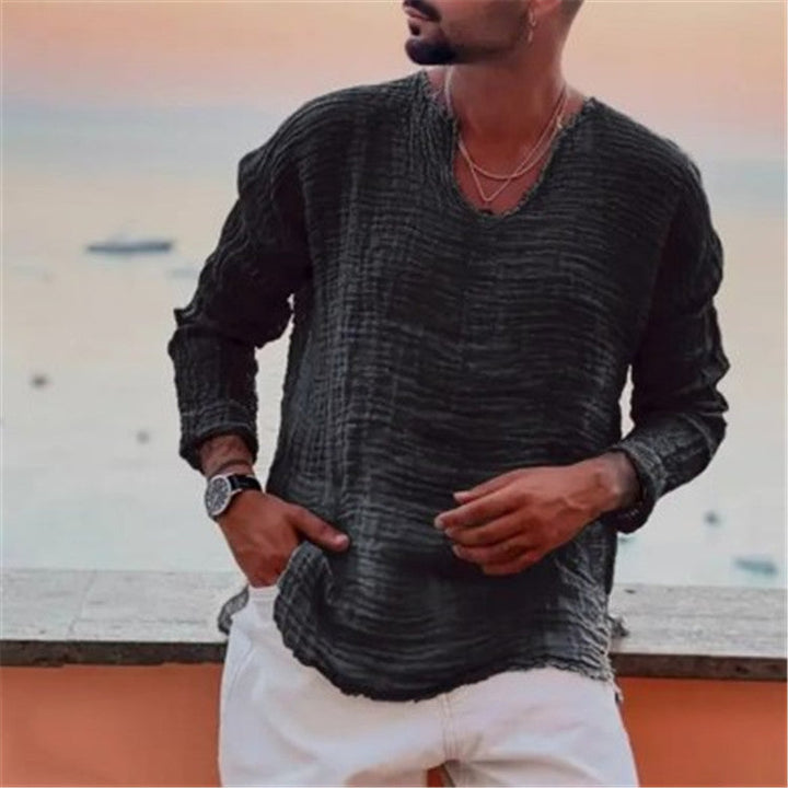 Herren lässiges V-Neck Leinenhemd Echoarchiv