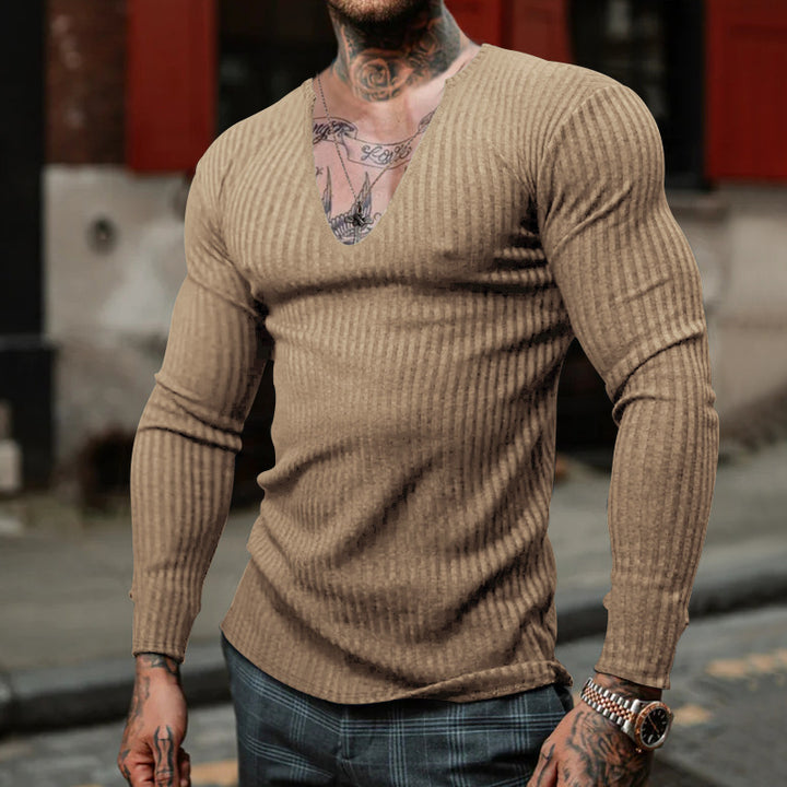 Herren Langarmshirt mit tiefem V-Ausschnitt und feiner Rippstruktur Echoarchiv