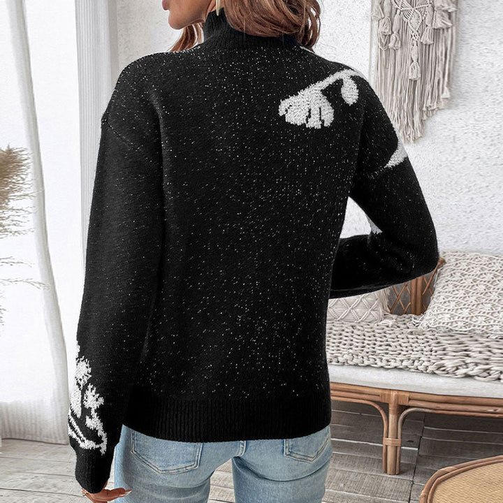 Damen Floraler Intarsia-Strickpullover mit Stehkragen und lockerer Silhouette Echoarchiv