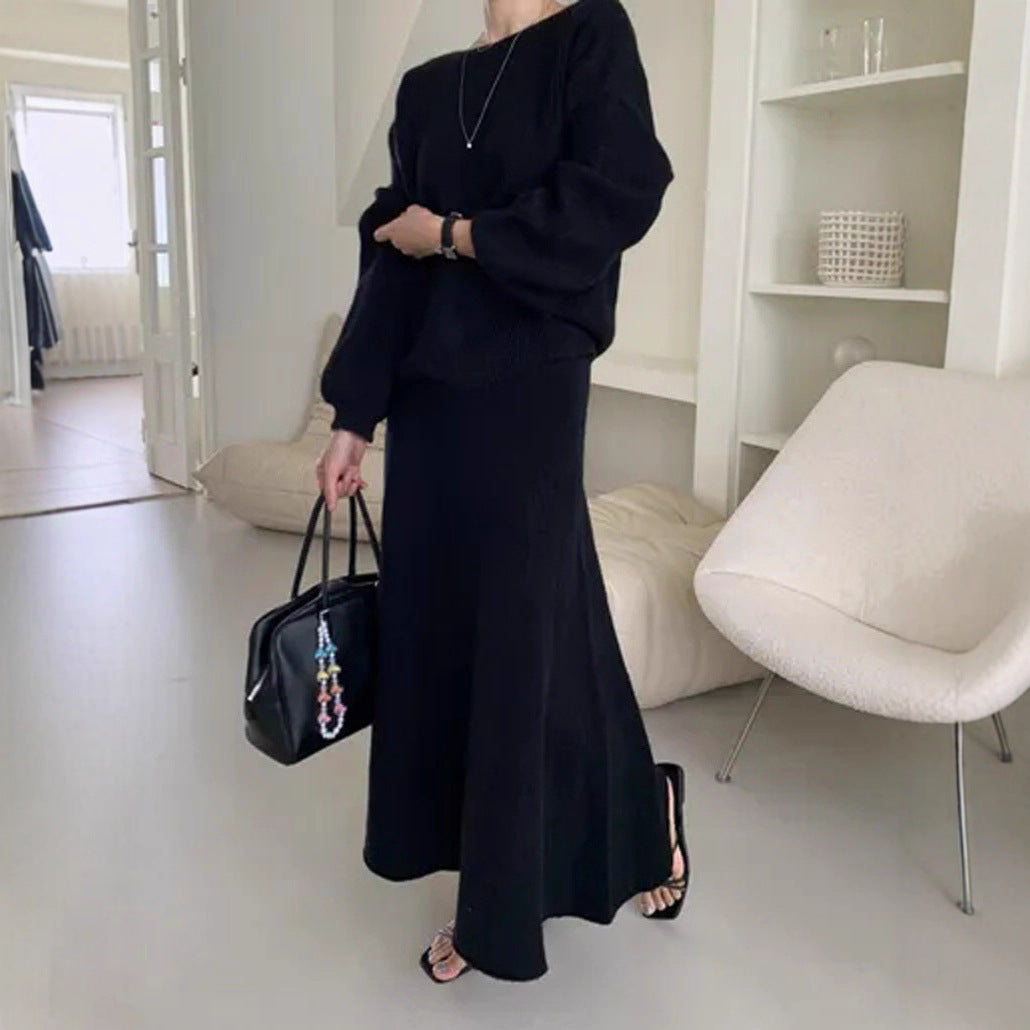 Damen Strick-Set aus Oversize-Ripp-Pullover und fließendem Maxirock Echoarchiv