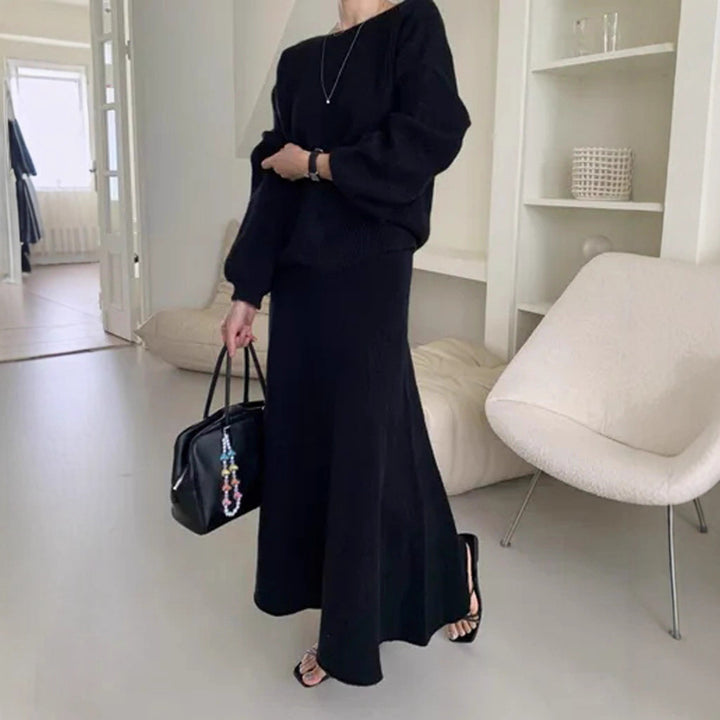 Damen Strick-Set aus Oversize-Ripp-Pullover und fließendem Maxirock Echoarchiv