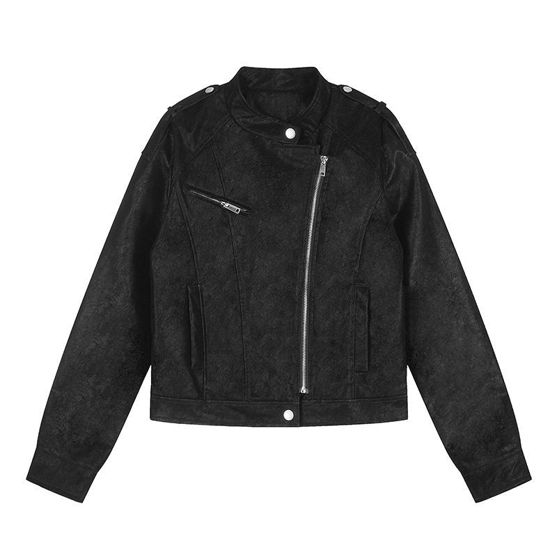 Damen Kurz geschnittene Bikerjacke aus Kunstleder mit asymmetrischem Reißverschluss Echoarchiv