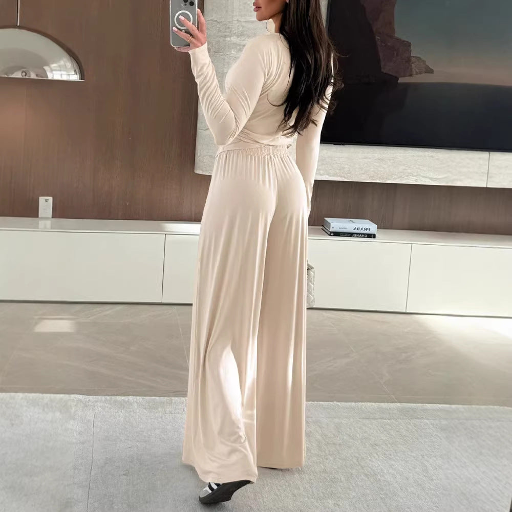 Damen Wickel-Jersey-Maxikleid mit V-Ausschnitt, Taillenband und weitem Palazzo-Rock – Valéora