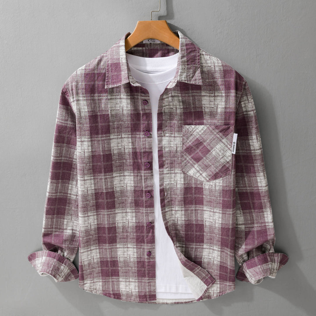 Herren Leichtes kariertes Layering-Overshirt aus Baumwoll‑Leinenmix mit diagonalem Brustpatch Echoarchiv