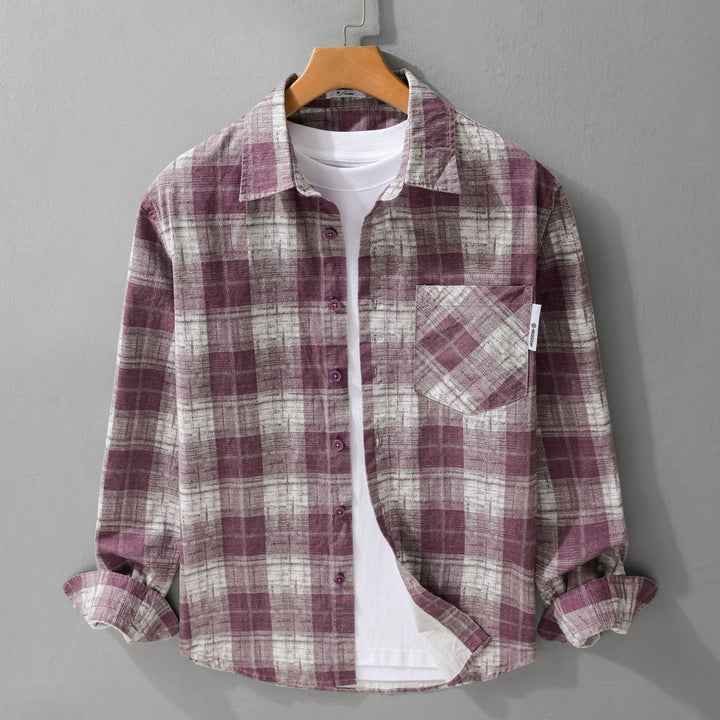 Herren Leichtes kariertes Layering-Overshirt aus Baumwoll‑Leinenmix mit diagonalem Brustpatch Echoarchiv