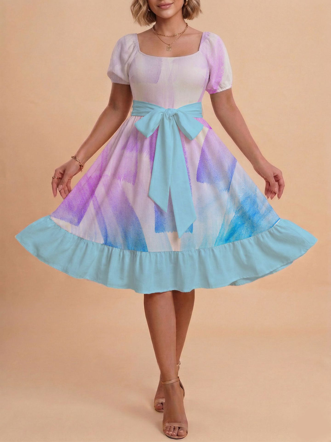 Damen Retro Maxikleid mit Puffärmeln und Taillengürtel Echo Archiv