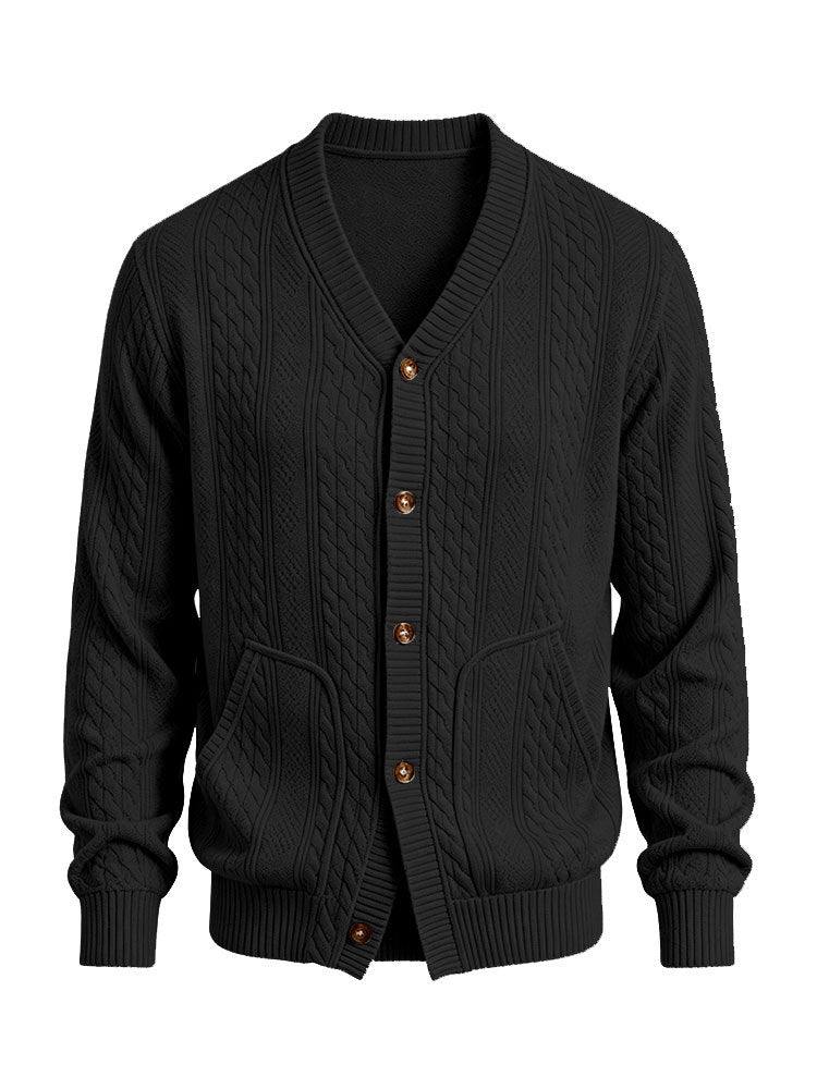 Herren Gestrickte Strickjacke mit Zopfmuster, V‑Ausschnitt und aufgesetzten Taschen – Taviero
