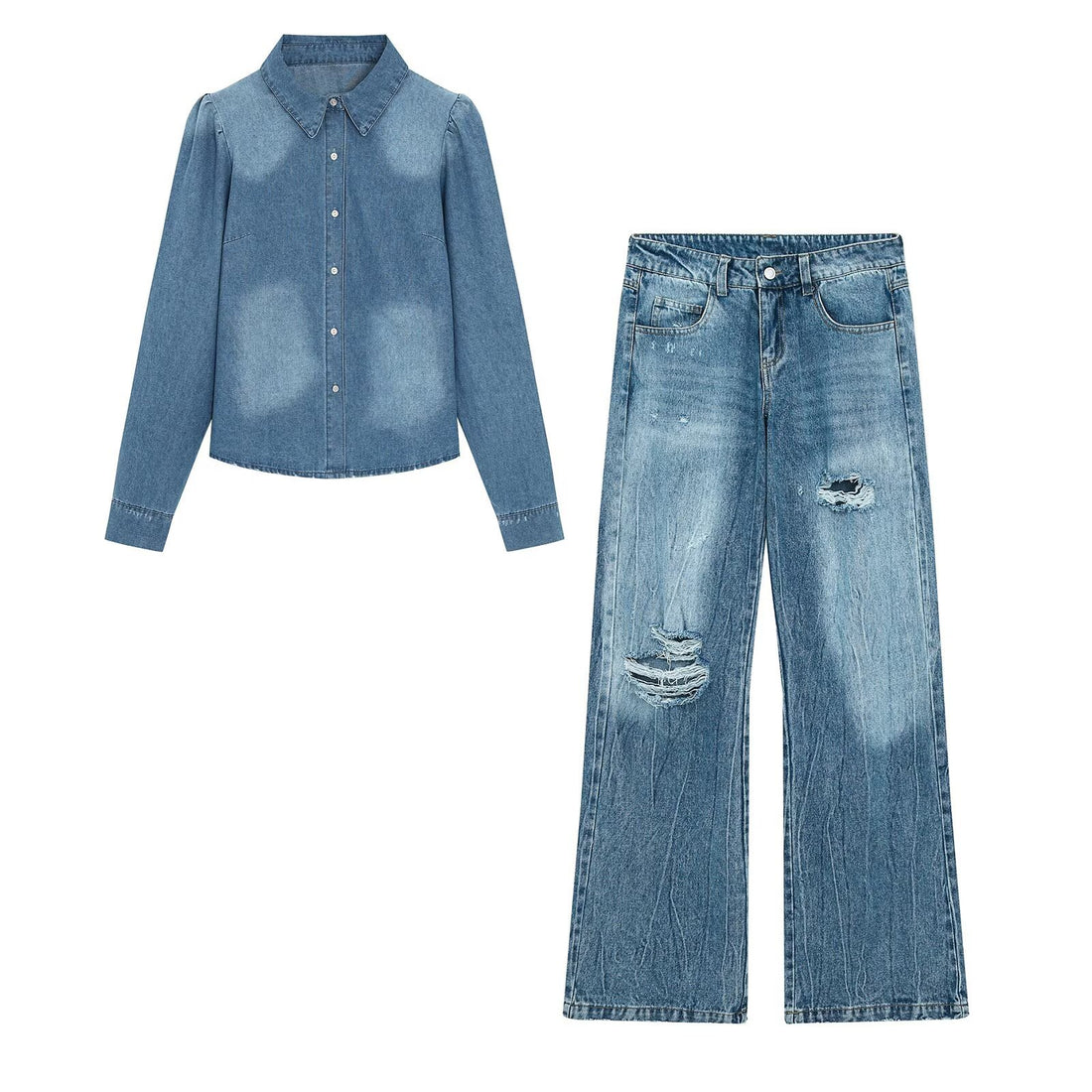 Damen Denim-Hemdbluse mit leichtem Puffärmel und klassischem Hemdkragen Echoarchiv