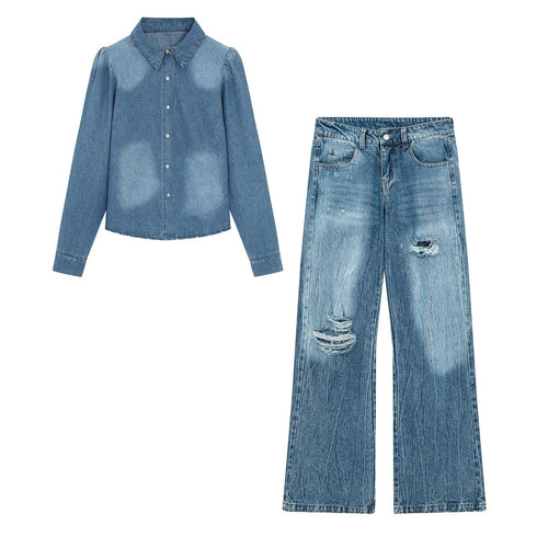 Damen Denim-Hemdbluse mit leichtem Puffärmel und klassischem Hemdkragen Echoarchiv