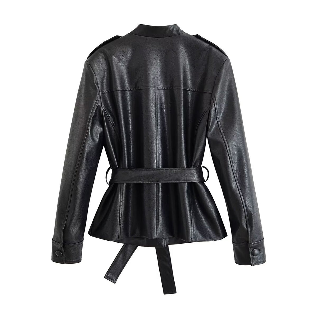Damen Taillierte Kunstlederjacke mit Bindegürtel, Stehkragen und Pattentaschen Echo Archiv