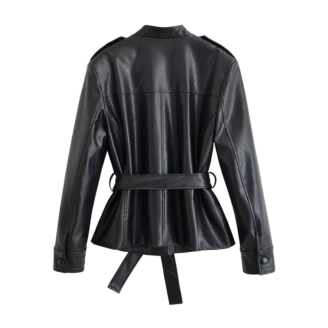 Damen Taillierte Kunstlederjacke mit Bindegürtel, Stehkragen und Pattentaschen Echo Archiv