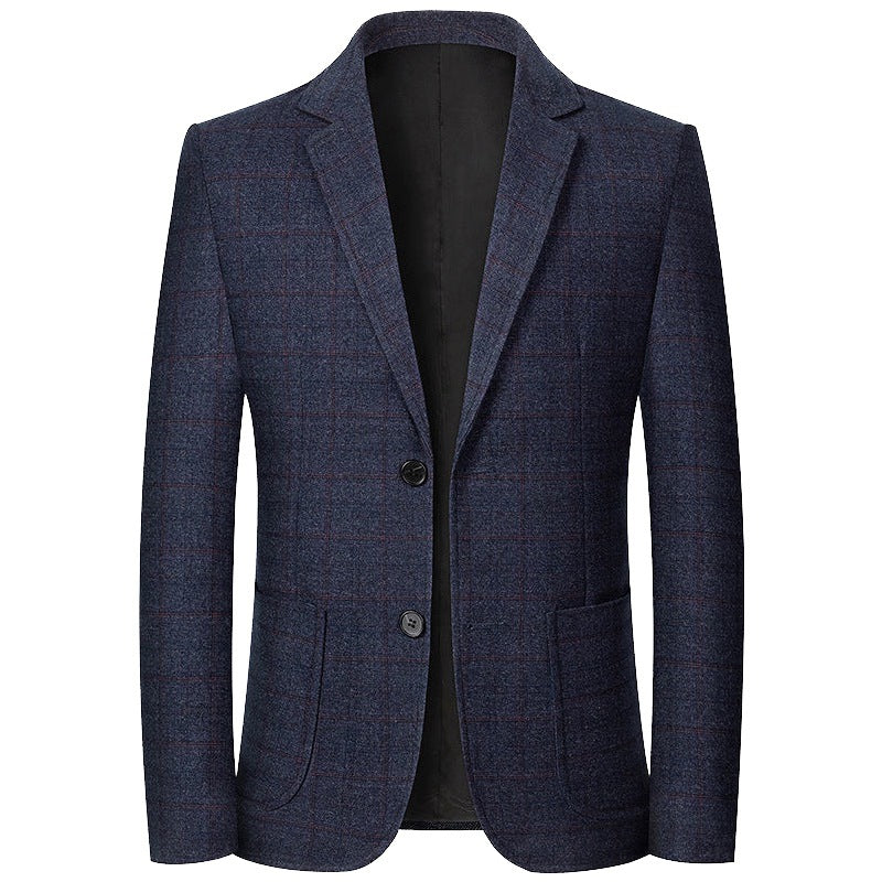Herren Karierter halbstrukturierter Casual-Blazer aus Wollmix mit aufgesetzten Taschen – Tianoro