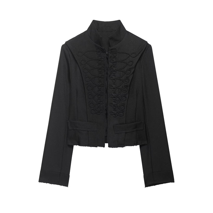 Damen Cropped‑Militärblazer mit Stehkragen, dekorativen Schlaufen und fransigem Saum Echo Archiv
