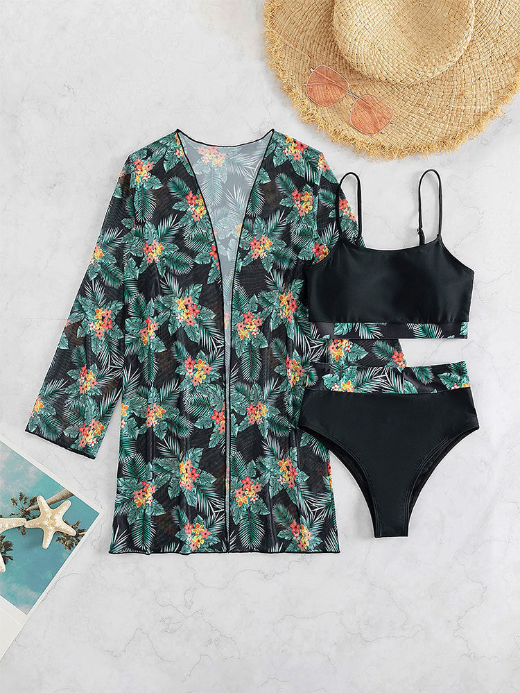 Damen Bikini-Set mit floralem Hohe-Taillenslip und passendem Kimono Echo Archiv