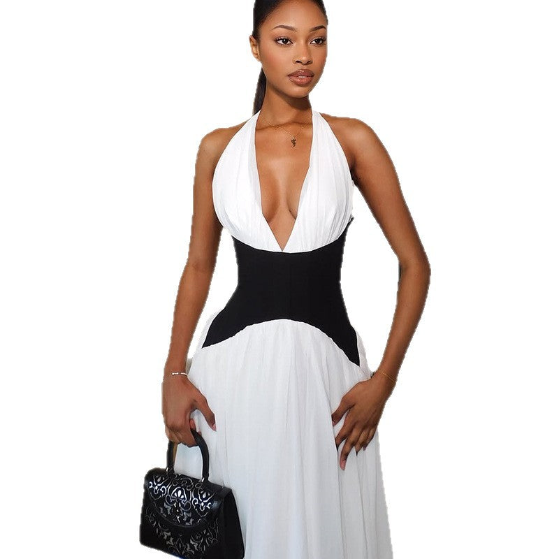 Damen Elegantes Maxikleid mit tiefem V-Ausschnitt und stilvollem Farbkontrast Echo Archiv