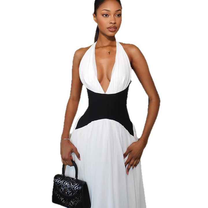 Damen Elegantes Maxikleid mit tiefem V-Ausschnitt und stilvollem Farbkontrast Echo Archiv