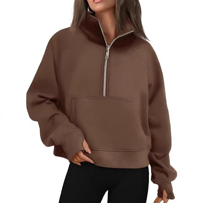 Damen oversized Sweatshirt mit halbem Reißverschluss Kängurutasche und Daumenlöchern – Avérine
