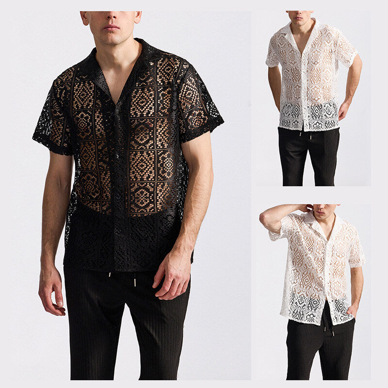 Herren Kurzes Spitzenhemd mit floralem Design und durchbrochenen Mustern Echoarchiv