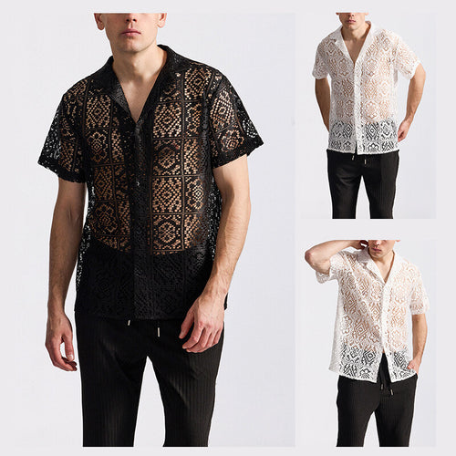 Herren Kurzes Spitzenhemd mit floralem Design und durchbrochenen Mustern Echoarchiv