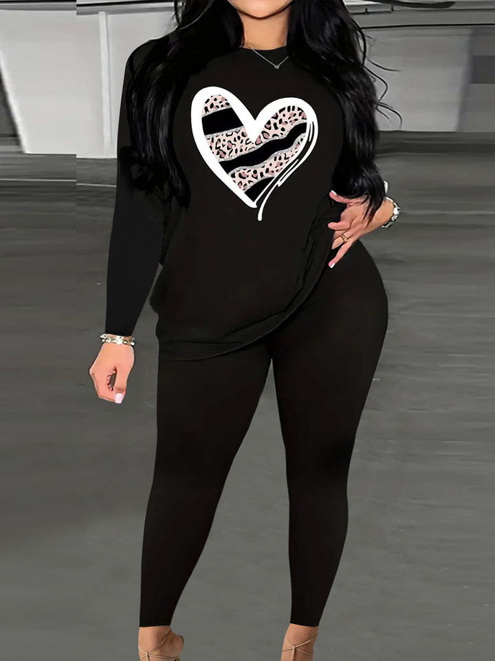 Damen Zweiteiler Lounge-Set mit Herz-Print Sweatshirt und High-Waist Leggings – Élanora
