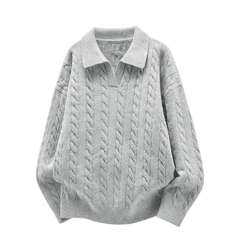 Damen Oversize Kabelstrick-Polo-Pullover mit V‑Ausschnitt und geripptem Saum Echoarchiv
