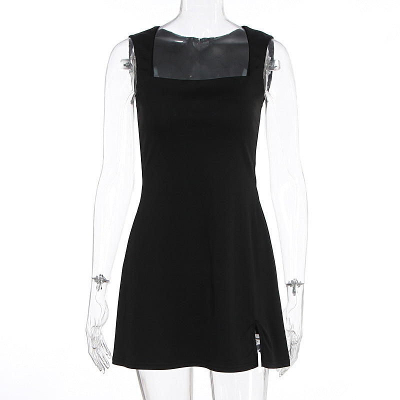 Damen Elegantes ärmelloses Kleid mit quadratischem Ausschnitt und hohem Schlitz Echo Archiv