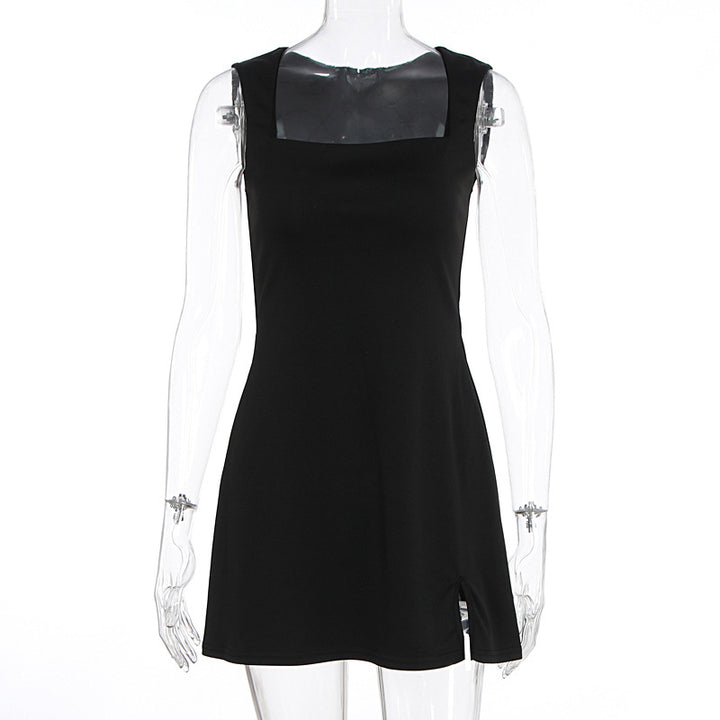 Damen Elegantes ärmelloses Kleid mit quadratischem Ausschnitt und hohem Schlitz Echo Archiv