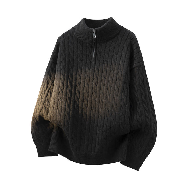 Damen Grobgestrickter Half-Zip Pullover mit Zopfmuster und Stehkragen Echoarchiv