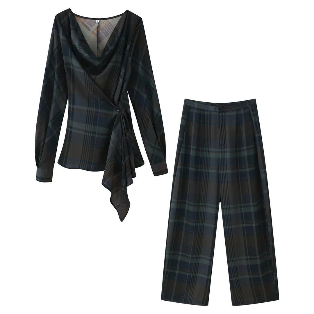 Damen nan weite Karohose mit hoher Taille, fließender Wide‑Leg‑Silhouette und verdecktem Elastikbund Echo Archiv
