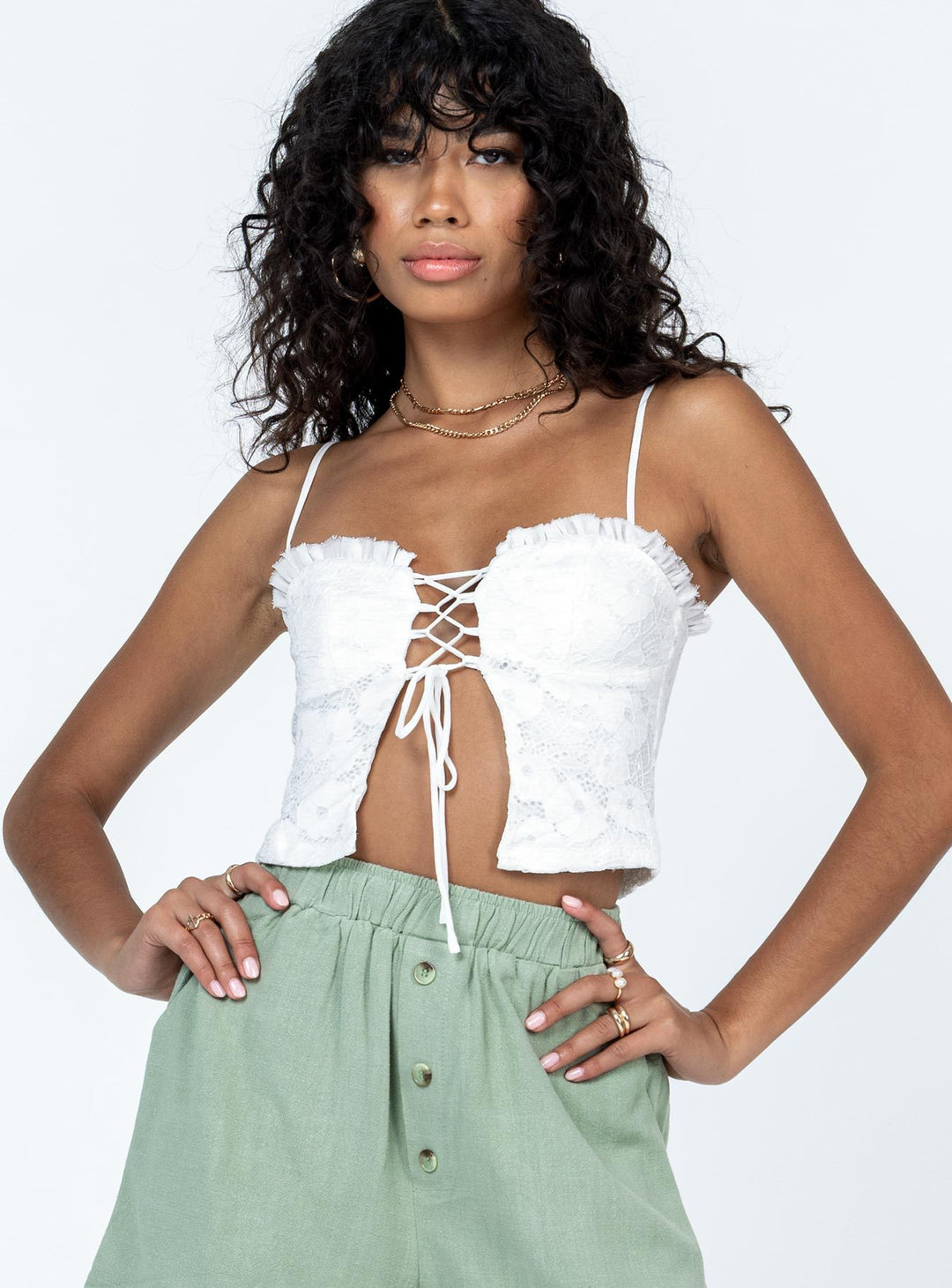 Damen Spitzen-Top mit Schnürung und Rüschendetail Echo Archiv