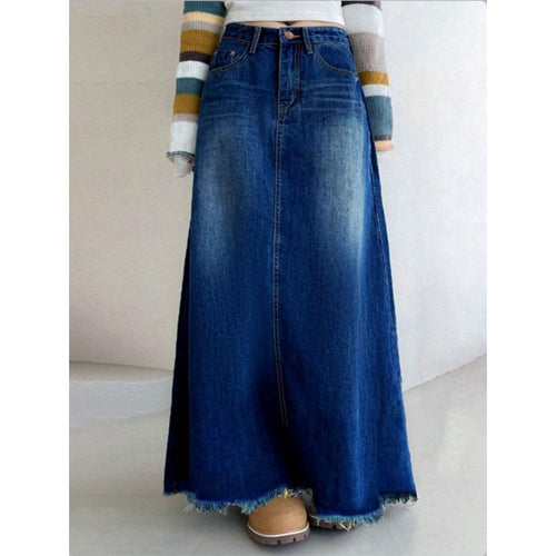 Damen Langer Vintage-Jeansrock im A-Linien-Schnitt mit taillenhohem Bund und ausgefranstem Saum Echo Archiv