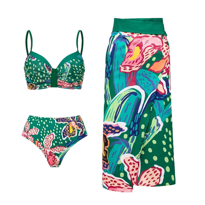 Damen Bikiniset mit farbenfrohem Maxirock und schicker Brustpartie Echo Archiv