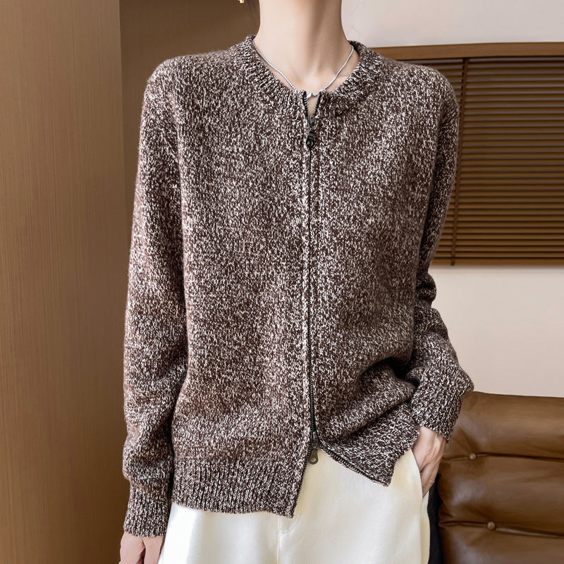 Damen Melierter Reißverschluss-Cardigan mit Zwei-Wege-Zipper und gerippten Bündchen Echoarchiv