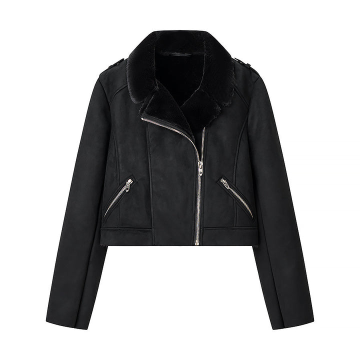 Damen Kurze Bikerjacke mit Kunstfellkragen und Wildlederoptik Echo Archiv