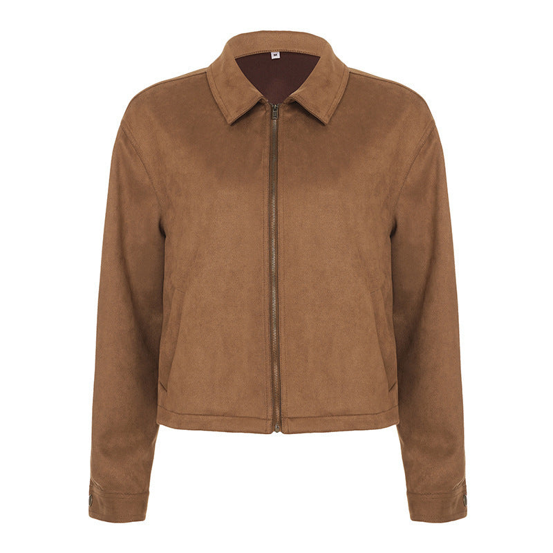 Damen Kurzgeschnittene Wildlederoptik Blousonjacke mit Hemdkragen und Reißverschluss – Célinea