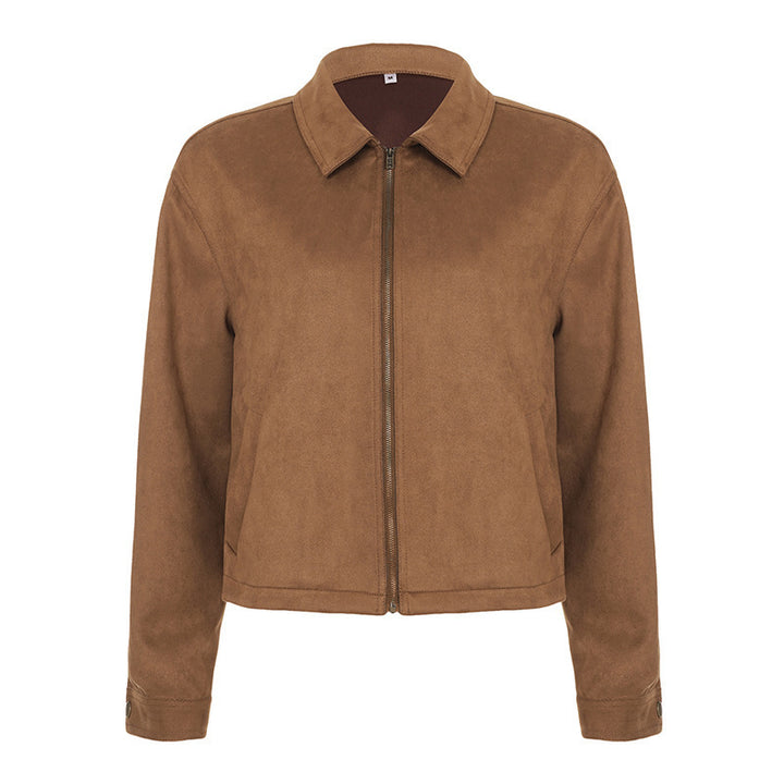 Damen Kurzgeschnittene Wildlederoptik Blousonjacke mit Hemdkragen und Reißverschluss – Célinea