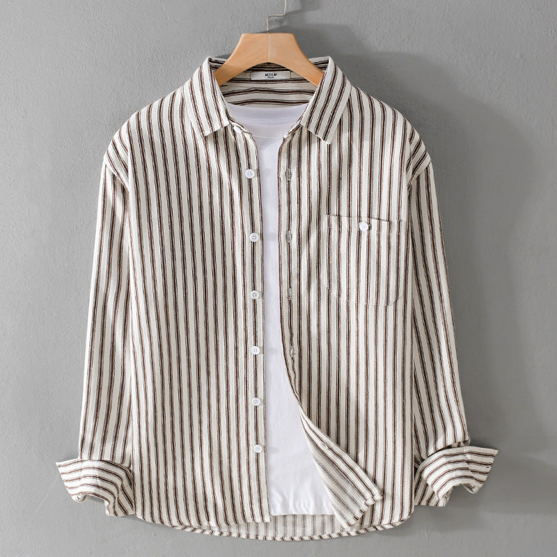 Herren Leichtes gestreiftes Layering-Overshirt aus Leinen-Baumwollmix mit Brusttasche und abgerundetem Saum Echoarchiv