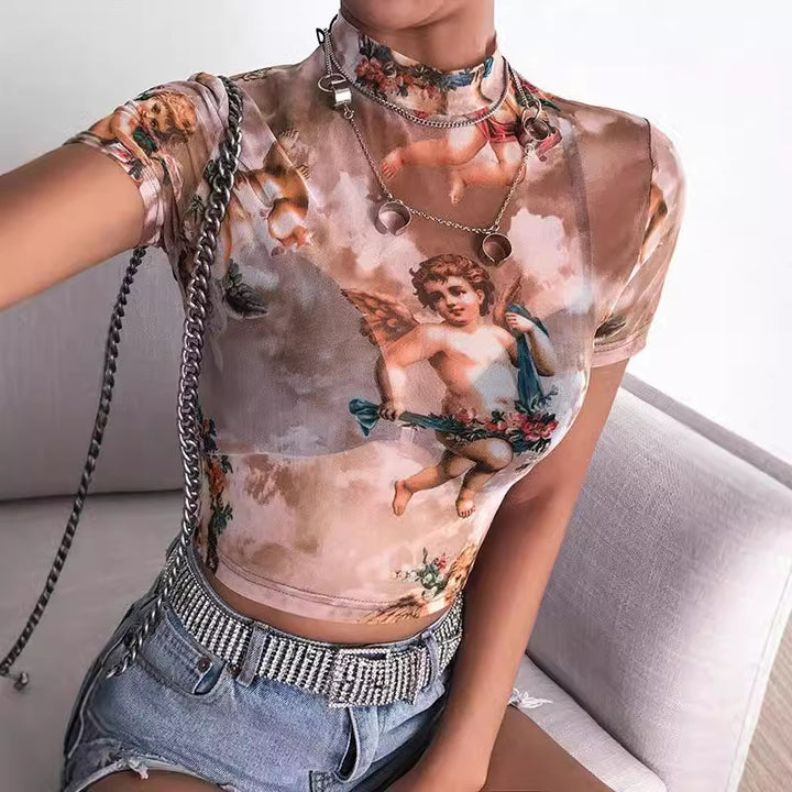 Damen Hochgeschlossenes Crop-Top mit romantischem Engelmotiven Echo Archiv