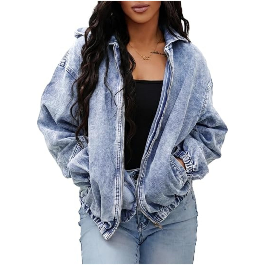 Damen Oversize-Jeansjacke mit Kapuze, Reißverschluss und Vintage-Waschung Echo Archiv