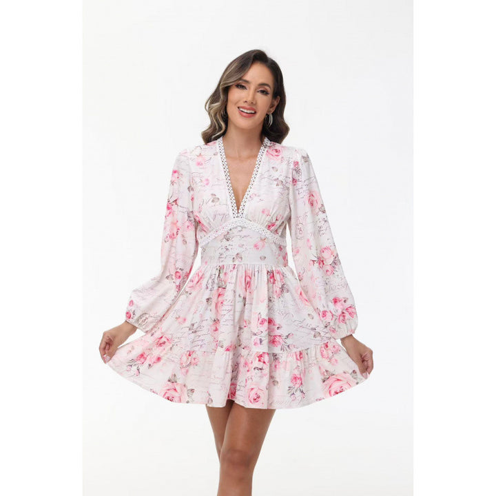 Damen Boho-florales Minikleid mit V-Ausschnitt und Puffärmeln – Élara
