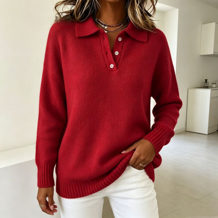 Damen Polokragen-Feinstrickpullover mit Knopfleiste und gerippten Bündchen – Mavelle
