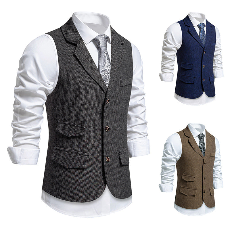 Herren Tweed-Weste mit Fischgrätstruktur, Reverskragen und Pattentaschen Echo Archiv